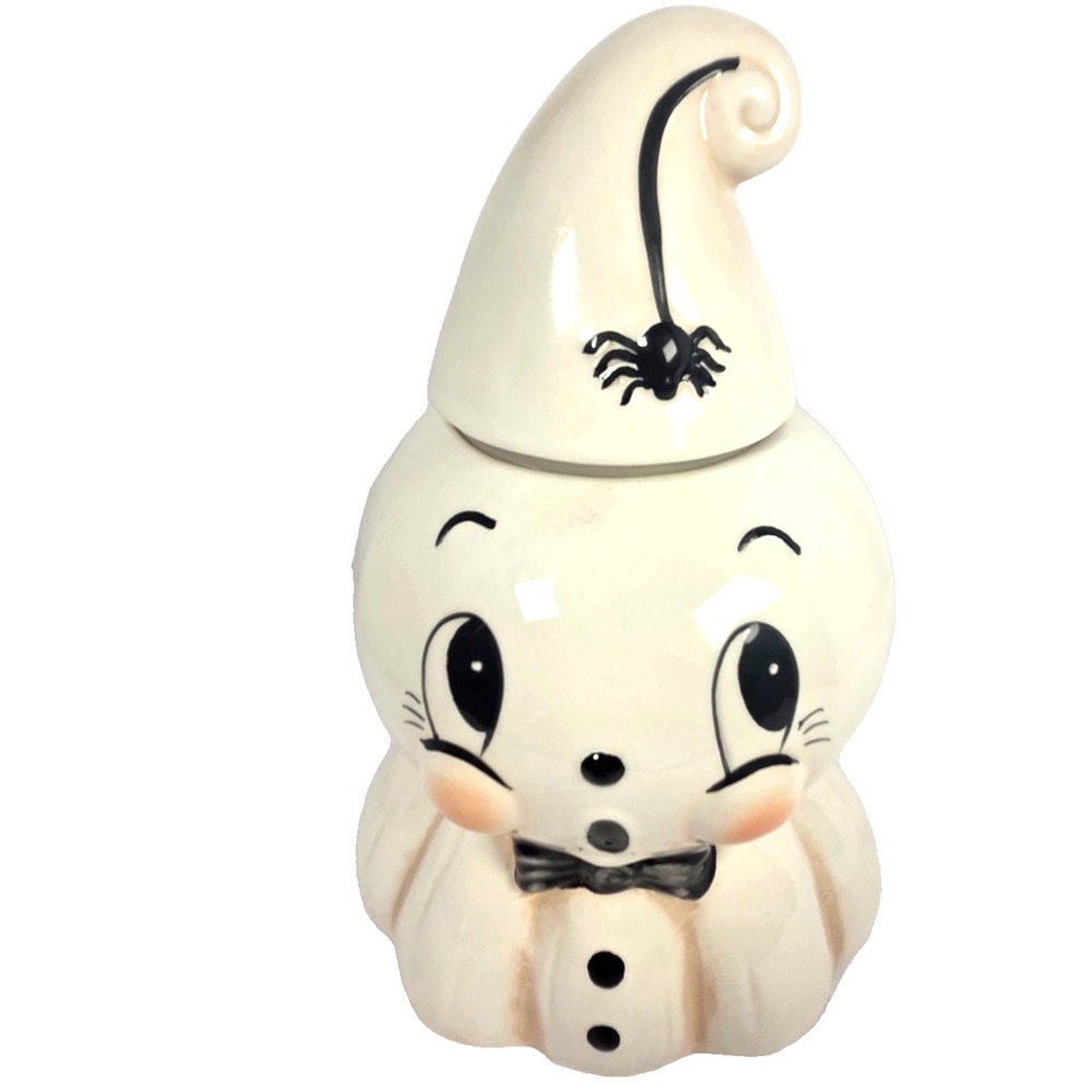 Johanna Parker Ghost Cookie Jar 10.5 Inch Spider Halloween Ceramic Transpac